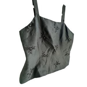 Vintage Black Silk Embroidered Beaded Floral Tank Cropped Fitted Bodice 90s Y2K